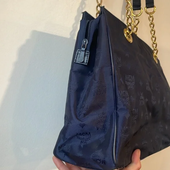 MCM Visetos Pattern Nylon Chain Tote Bag Shoulder Navy x Gold - Picture 4 of 8